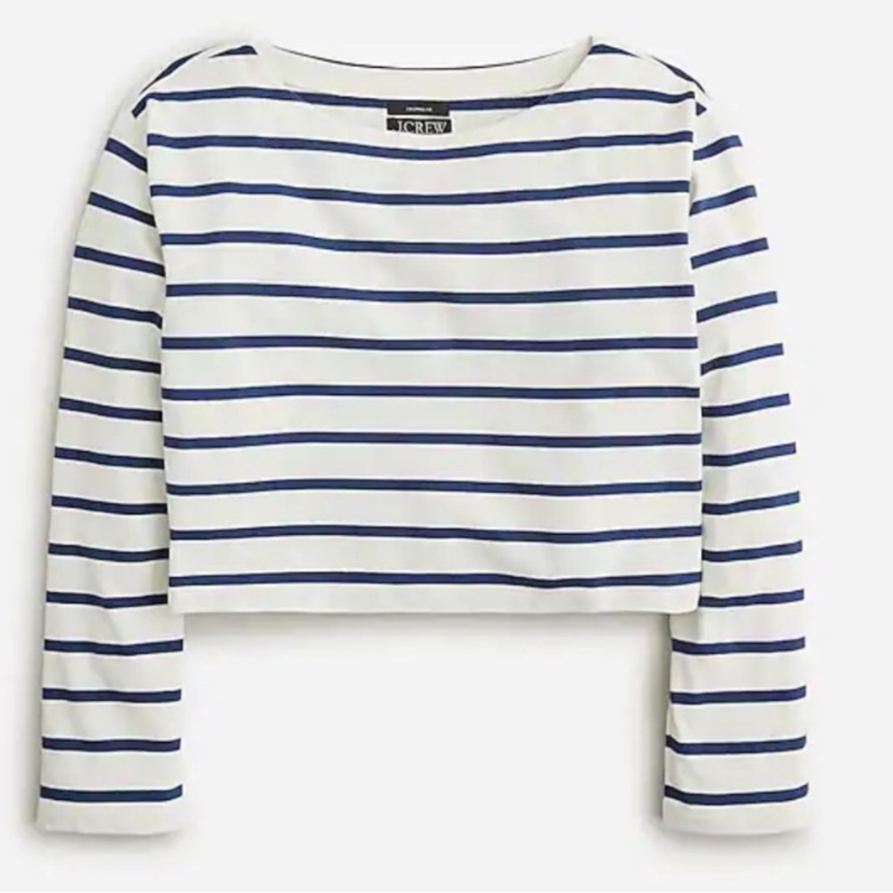 J. Crew Navy and White Striped Boatneck Cropped Top Small
